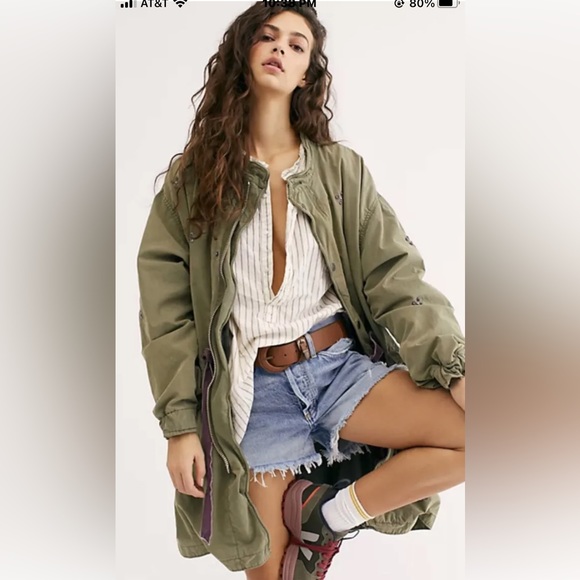 Free People Wildflower Parka Floral Embroidered Petals Velvet Drawstring Zip - Picture 1 of 7